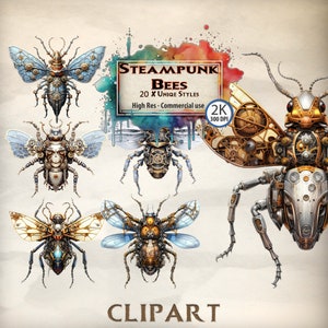 Steampunk abeilles Clipart insectes volants papillons mécaniques illustrations rétro-futuristes de l'époque victorienne fantaisie antique graphiques PNG