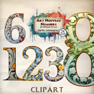 Art Nouveau iluminado Números Clipart Paquete Números completos 0 a 9 Ilustración mística Novela de fantasía Clipart Magia PNG Archivo transparente