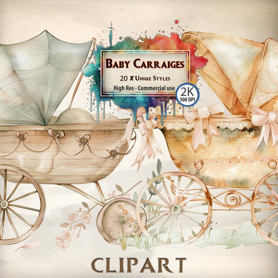 Vintage Baby Carriages Clipart Bundle: Watercolor Pram Illustrations ...