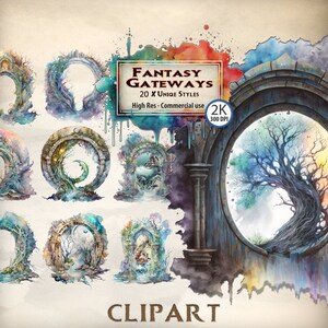 May include: A set of 20 watercolor fantasy gateway clipart images. The images feature a variety of styles, including stone arches, wooden doors, and overgrown pathways. The images are perfect for use in fantasy art, game design, and other creative projects.  2K 300 DPI High Res - Commercial use.
