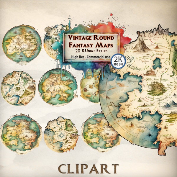 Treasure map clipart Vintage Fantasy pirate map ClipArt Bundle World Maps Cartography Watercolor Junk Journal island hunt PNG Transparent