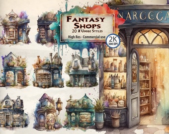 Watercolor Magic Shops Clipart: Fantasy Spells PNG Bundle (Digital Download)