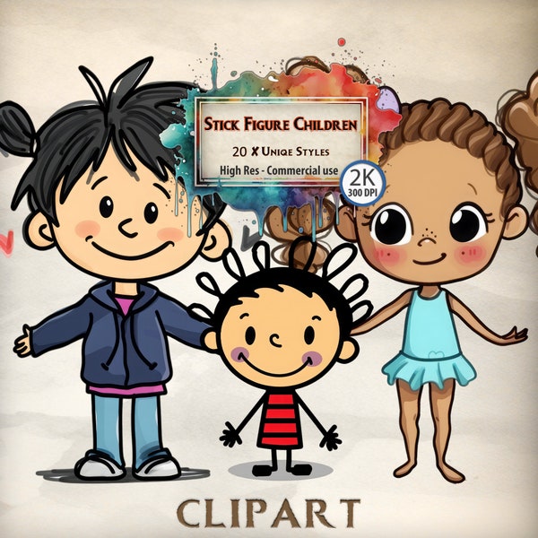 Strichmännchen Kinder Clipart Bundle: Einfache und spielerische Kinder Illustrationen für Lerninhalte, Familienprojekte und zum Basteln