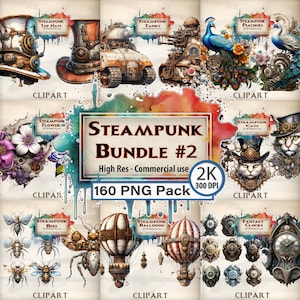 Steampunk Clipart Massif Steampunk Bundle Chapeaux Réservoirs Paons Fleurs Chats Abeilles Insectes Montgolfières Horloges Commercial Clipart PNG
