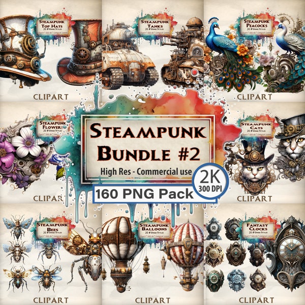 Steampunk Clipart Massive Steampunk Bundle Hats Tanks Peacocks Flowers Cats Bees Insects Hot Air Balloons Clocks Commercial Clipart PNG