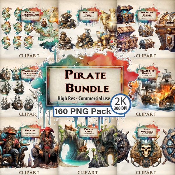 Pirate Clipart Bundle Massive Pirate Pack Cartographie Cartes au trésor Coffres au trésor Personnages Batailles de navires Criques de pirates Crâne Roue de navire