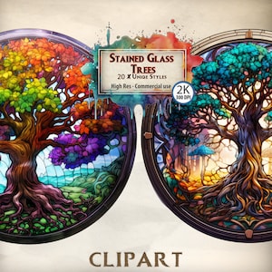 Stained Glass Tree Clipart: Fantasy Forest PNG Graphics (Digital Download)