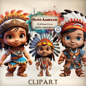 Clipart indio Gráficos indios nativos americanos para niños Vaqueros e indios Dibujos animados estilo toon Clipart occidental PNG transparente Comercial
