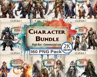 Character Clipart Massive RPG Fantasy Bundle Dwarves Orc Wizards Samurai Warrior Paladin Mages Sorcerous Forest Druids Rogues Commercial Use