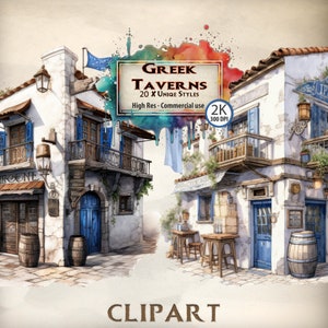 Griekse Tavern Clipart oude stijl dorp charmante mediterrane Griekenland gebouwen Traditionele rustieke taverna illustraties