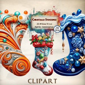 May include: A set of three Christmas stocking clip art images. The stockings are decorated with candy canes, ornaments, and other festive details. The stockings are in red, blue, and orange.