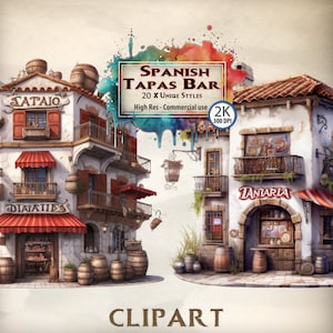 May include: A digital illustration of a Spanish tapas bar with red awnings, white walls, and brown wooden doors. The text "SPANISH TAPAS BAR" is written in a colorful font above the buildings. The text "20 X UNIQUE STYLES" is written below the title. The text "High Res - Commercial use" is written below the unique styles text. The text "2K 300 DPI" is written below the commercial use text. The text "CLIPART" is written below the buildings.