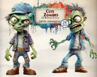 Zombie Clipart Children&#39;s Halloween Party Cartoon Zombies & Ghoul Illustrations Living Dead Cute Characters Graphics PNG Commercial Use