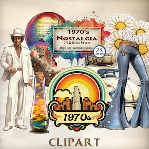70s Nostalgia Clipart Bundle: Retro PNG Graphics (Digital Download)