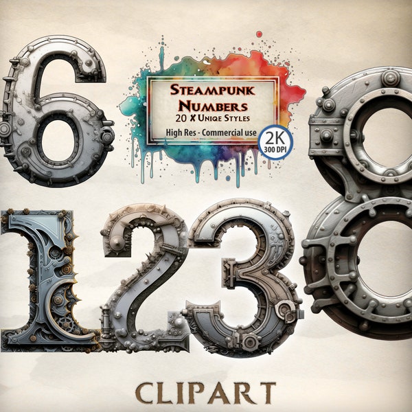 Steampunk Numbers Clipart Mechanical themed Numbers Graphics Illuminated Number Illustrations Fantasy Themed Transparent PNG Commercial