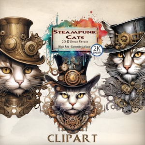 Steampunk Cat Clipart Bundle: Gothic Feline PNG Images