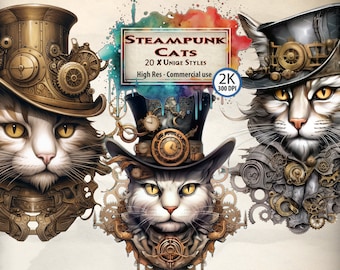 Cat Clipart Steampunk Cat Clipart Bundle black cat cute cat lover gift gothic steampunk illustration animal cat image clipart PNG