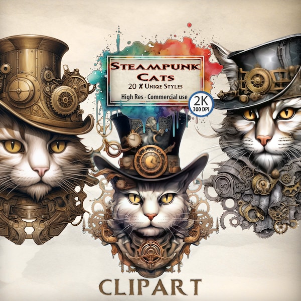 Cat Clipart Steampunk Cat Clipart Bundle black cat cute cat lover gift gothic steampunk illustration animal cat image clipart PNG