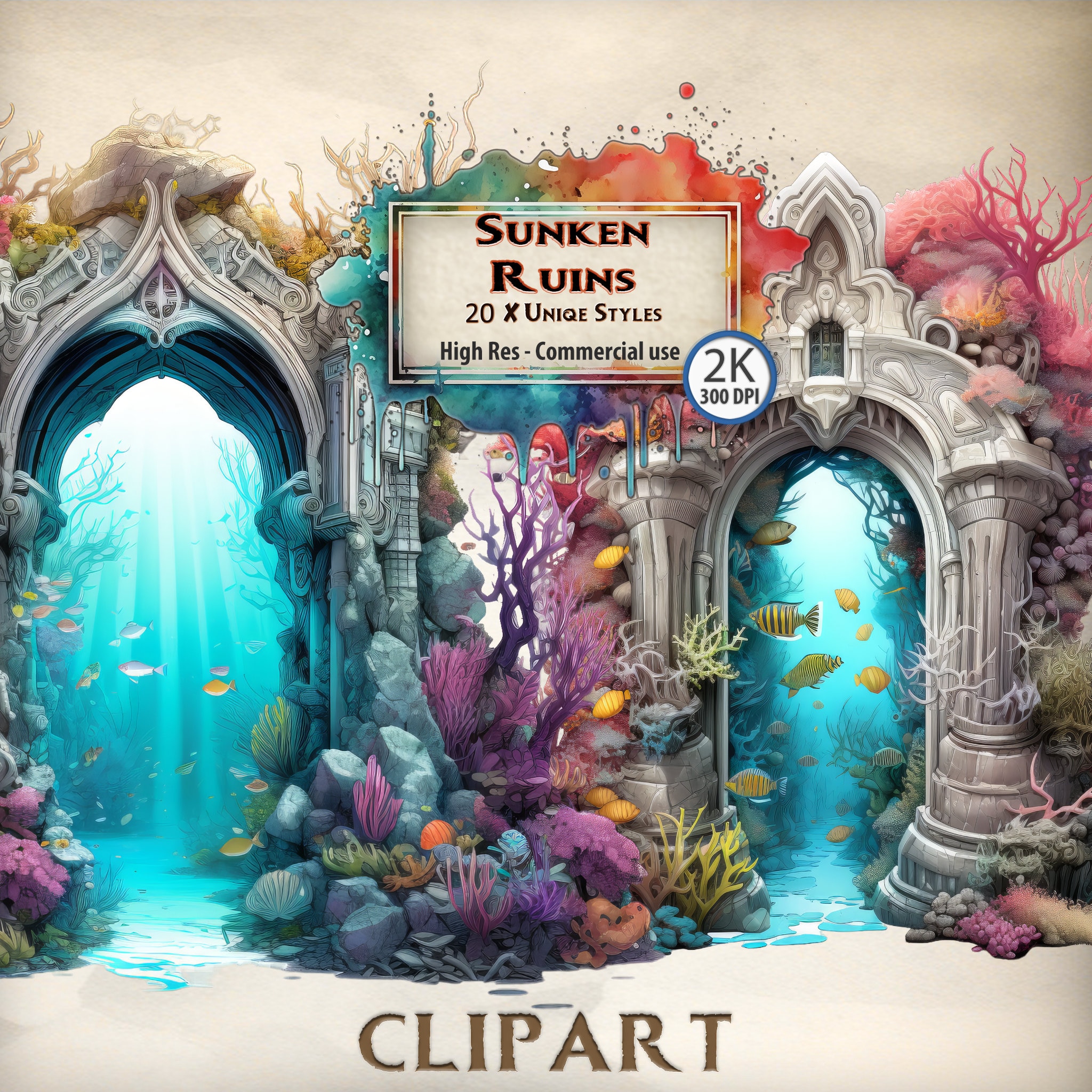 Sea Ruins Clipart: Sunken Temple, Coral Reef (PNG Files)