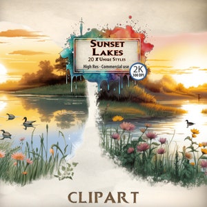 Può includere: Clipart Sunset Lakes, un download digitale di 20 scene di laghi uniche in stile acquerello. Ogni immagine è a risoluzione 2K e 300 DPI, ideale per uso commerciale.