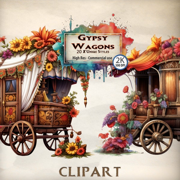 Floral Gypsy Wagon Clipart vintage caravan illustration Boho chic clipart nomad Bohemian-themed themed garden flowers