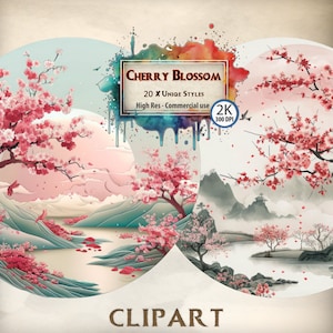 Paquete de imágenes prediseñadas de cerezos en flor: elegantes ilustraciones de Sakura para proyectos de primavera, decoración de bodas y artesanías florales - Descarga digital