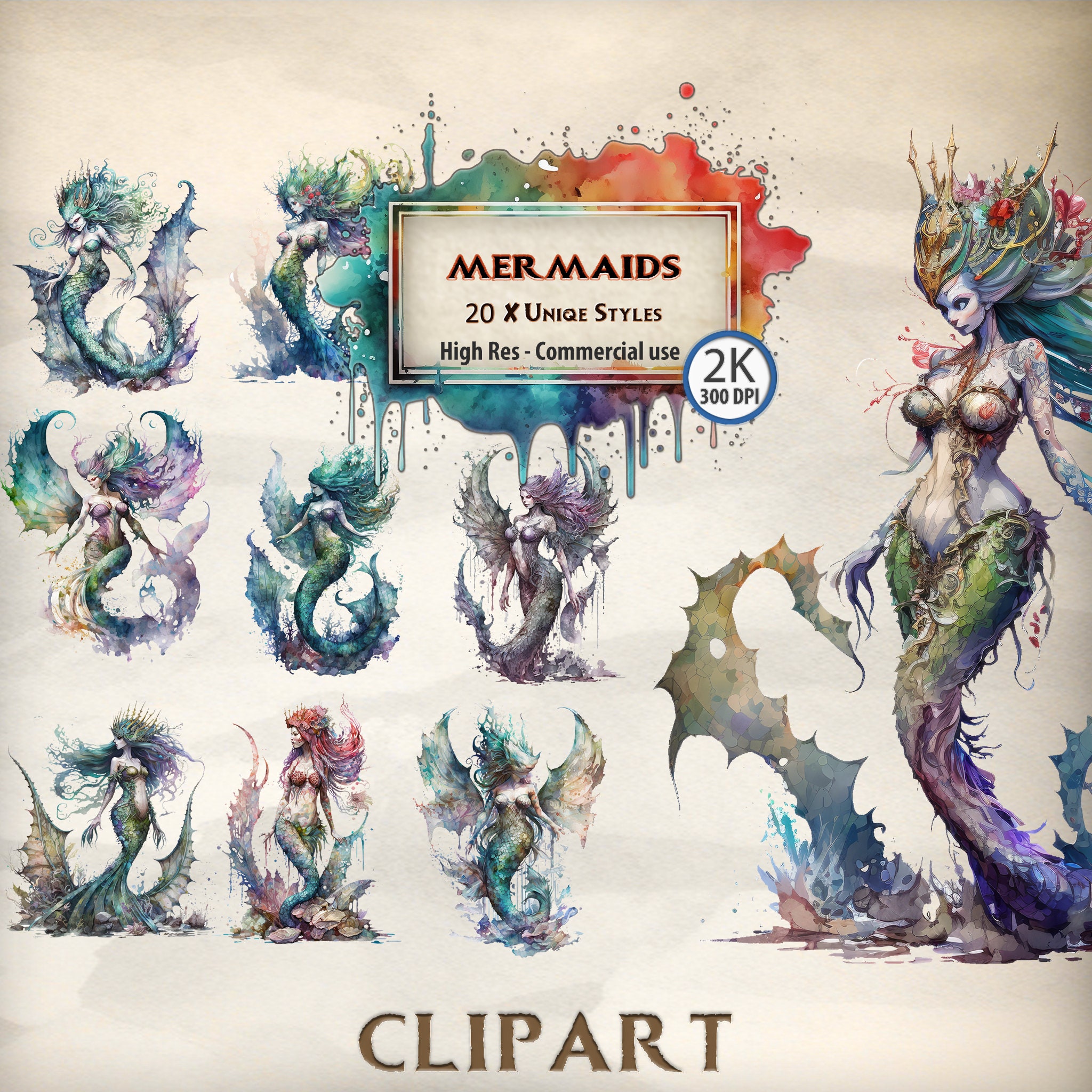 Watercolor Mermaid Clipart Bundle: Fantasy Ocean PNG (digital Download ...