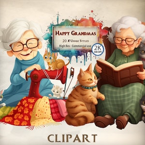Paquete de imágenes prediseñadas de abuelas felices: ilustraciones de abuelas alegres para proyectos familiares, tarjetas de felicitación y decoración hogareña - Descarga digital