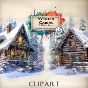 Cabin Clipart Winter Snow House graphics Woods Cosy Cottagecore schilderachtige bos jager thema retraite illustraties PNG Scrap booking