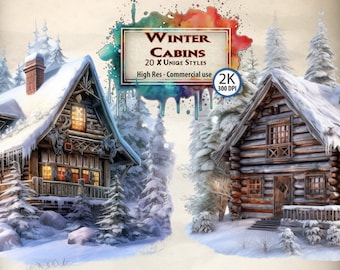 Winter Cabin Clipart: Cozy Cottagecore PNG Graphics (Digital Download)
