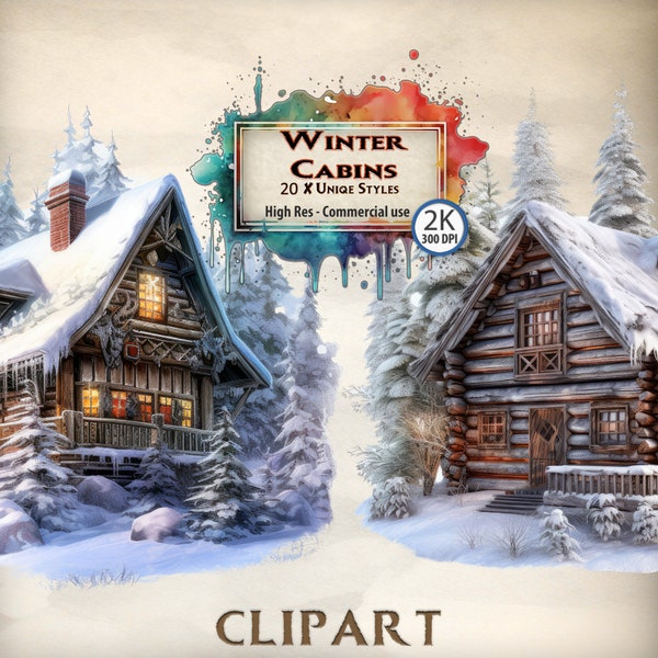 Cabine Clipart hiver neige maison graphiques Woods Cozy Cottagecore pittoresque forêt chasseur thème retraite illustrations PNG Scrap réservation