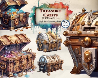 Paquete de imágenes prediseñadas de cofres del tesoro: oro pirata y cofres de fantasía (archivos PNG)