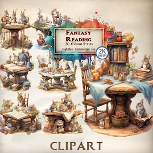 Fantasy Reading Clipart Vintage clipart bundle reading corner clipart reading book Cozy clipart kids reading clipart watercolor rabbits