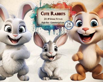 May include: Three cartoon rabbits with different fur colors and expressions. The rabbits are in a playful pose and have large, expressive eyes. The image is labeled "Cute Rabbits" and "20 x Unique Styles".