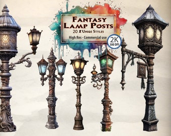 Lamp Post Clipart Fantasy Enchanting Illustrations: Mystical Glow of Fairy Tale-Themed Outdoor Medieval Lamp Posts and Enchanted Lanterns