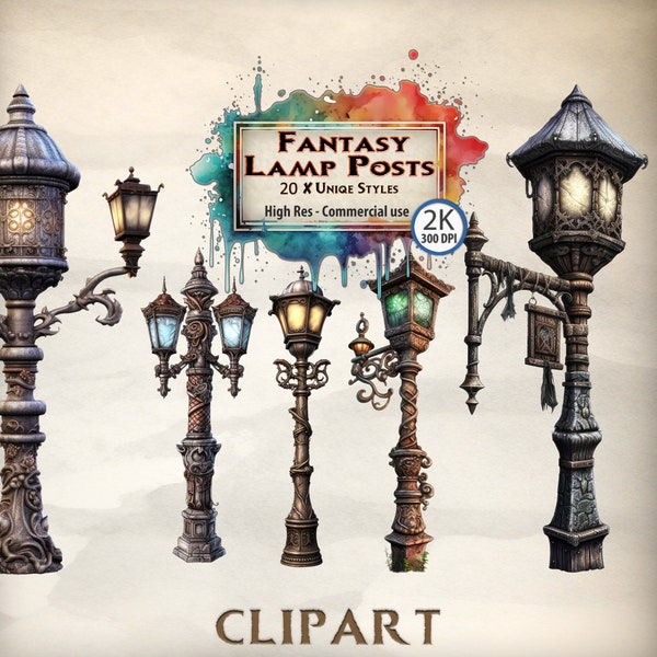 Lamp Post Clipart Fantasy Enchanting Illustrations: Mystical Glow of Fairy Tale-Themed Outdoor Medieval Lamp Posts and Enchanted Lanterns