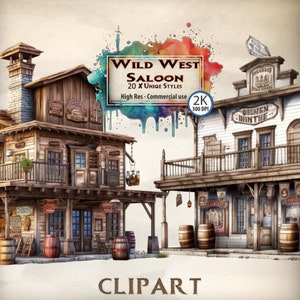 Könnte beinhalten: Eine digitale Illustration eines Wild-West-Saloons mit zwei Schaufenstern. Der Saloon ist aus Holz und hat ein Schild mit der Aufschrift "Wild West Saloon". Der Saloon ist von Fässern und anderen Western-Requisiten umgeben.