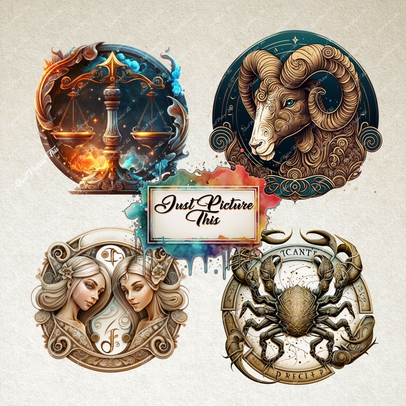 Pu&ograve; includere: Quattro illustrazioni circolari di segni zodiacali. I segni sono Bilancia, Ariete, Gemelli e Cancro. Ogni segno &egrave; rappresentato in uno stile dettagliato e ornato con accenti dorati e argentati. Lo sfondo di ogni illustrazione &egrave; blu scuro, verde o nero.