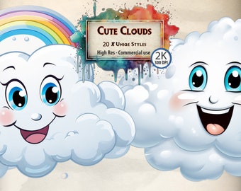 Cute Cloud Clipart: Rainbow, Sun, Kids Graphics (PNG, Commercial Use)