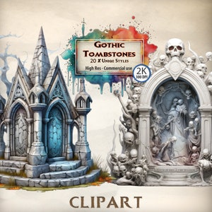Tombstone Clipart gotische stijl kerk grafsteen illustraties gebroken schedel Spooky Halloween thema oude begraafplaats griezelige oude graphics