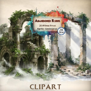 Paquete de imágenes prediseñadas de ruinas abandonadas: ruinas antiguas, templos antiguos, ilustraciones de ciudades perdidas - Perfecto para álbumes de recortes y proyectos temáticos