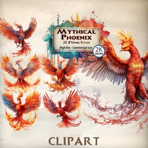 Phoenix Clipart créatures mythiques bêtes magiques vol oiseau fantasy clipart bundle conte de fées feu flammes horreur mythologie