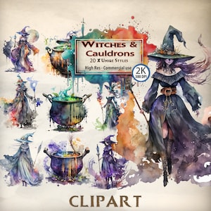 Witches & Cauldrons Watercolor Clipart: Gothic Fantasy PNG (Commercial Use)