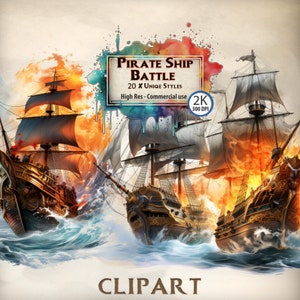 Pirate Clipart Pirate Battle Ships Clipart Bundle Vecchia nave da guerra Illustrazioni di fuoco e fumo Carte grafiche Buccaneer Nautical Naval War