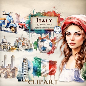 Watercolor Italy Clipart Bundle: Italian Food, Rome Landmarks (Digital Download)