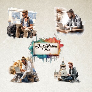 May include: Four watercolor illustrations of people using laptops in different settings. The text "Just Picture This" is in a white rectangle with a watercolor background.