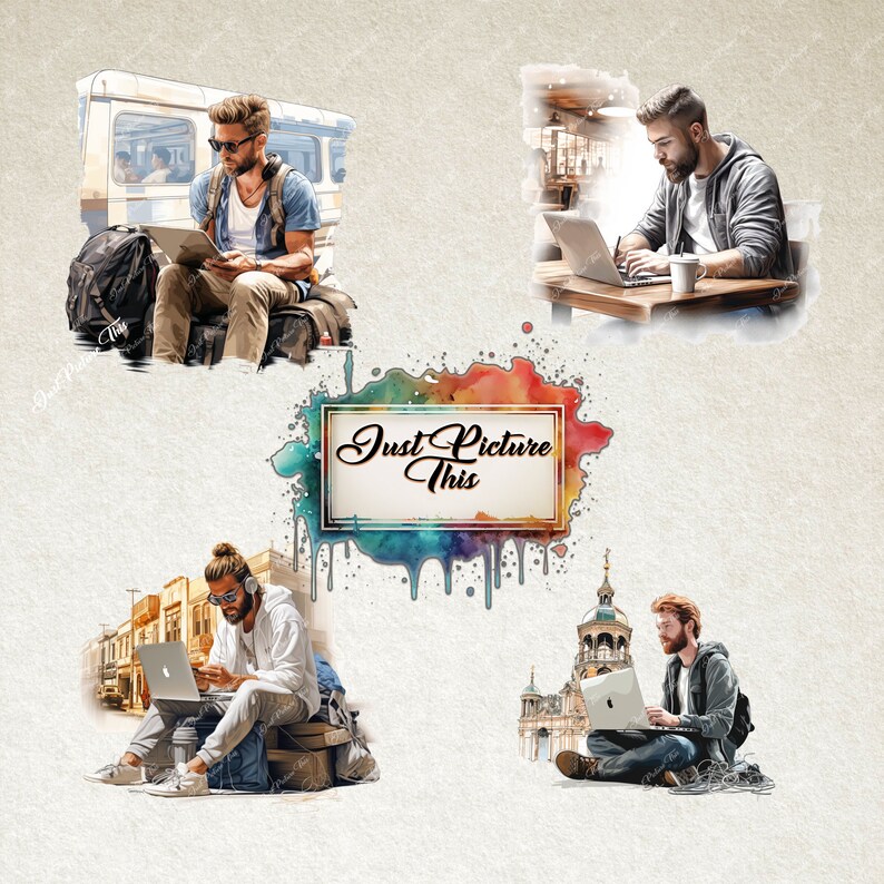May include: Four watercolor illustrations of people using laptops in different settings. The text "Just Picture This" is in a white rectangle with a watercolor background.