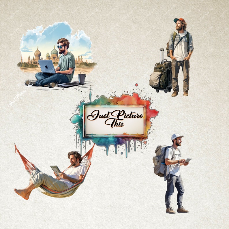 May include: Four illustrations of people in different settings. The first shows a person sitting on a bench in front of a building with a laptop. The second shows a person in a hammock with a tablet. The third shows a person with a backpack and a suitcase. The fourth shows a person with a backpack and a tablet. The text "Just Picture This" is written in a colorful watercolor style.