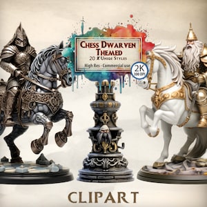 Chess Clipart Dwarven Themed Fantasy Chess Set Graphics Fairy Tale Game Illustrations Black & White Chess Pieces PNG Commercial Use