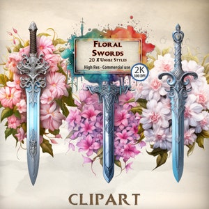 Schwert Clipart Floral Schwert Illustrationen botanische Blume Grafik Design Natur inspiriert PNG Dateien Liebe Karte Motive Fantasy Verzauberte Schwert